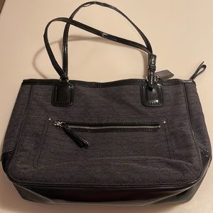 Coach black signature canvas and patent leather tote